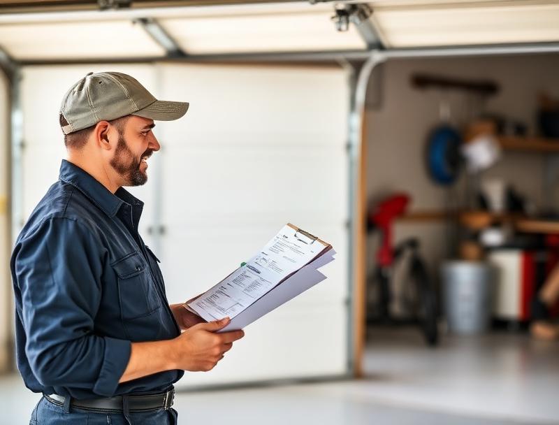 Professional garage door technician explaining repair options to homeowner in Ocean Isle Beach